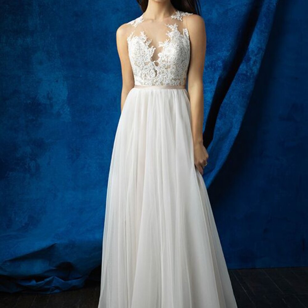 Lace  A-line Champagne Wedding Dress, Illusion Top, Nude/Ivory bottom, Plunging